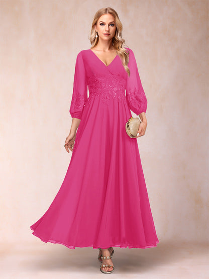 Robe de Mère de la Mariée Coupe A-Line/Princesse Longueur Cheville Manches 3/4 Col En V