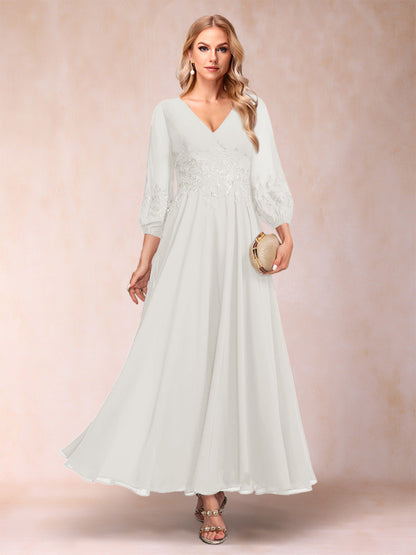 Robe de Mère de la Mariée Coupe A-Line/Princesse Longueur Cheville Manches 3/4 Col En V