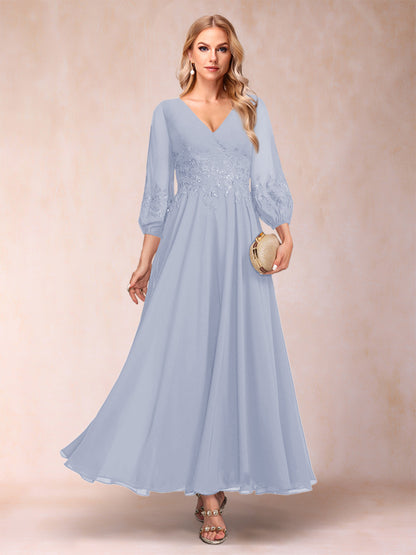 Robe de Mère de la Mariée Coupe A-Line/Princesse Longueur Cheville Manches 3/4 Col En V