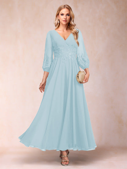 Robe de Mère de la Mariée Coupe A-Line/Princesse Longueur Cheville Manches 3/4 Col En V
