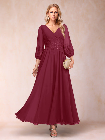 Robe de Mère de la Mariée Coupe A-Line/Princesse Longueur Cheville Manches 3/4 Col En V