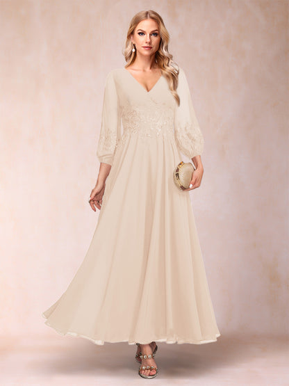 Robe de Mère de la Mariée Coupe A-Line/Princesse Longueur Cheville Manches 3/4 Col En V