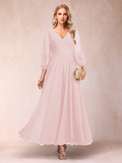 Robe de Mère de la Mariée Coupe A-Line/Princesse Longueur Cheville Manches 3/4 Col En V
