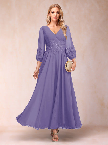 Robe de Mère de la Mariée Coupe A-Line/Princesse Longueur Cheville Manches 3/4 Col En V