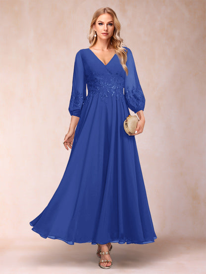 Robe de Mère de la Mariée Coupe A-Line/Princesse Longueur Cheville Manches 3/4 Col En V