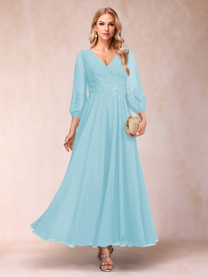 Robe de Mère de la Mariée Coupe A-Line/Princesse Longueur Cheville Manches 3/4 Col En V