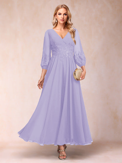 Robe de Mère de la Mariée Coupe A-Line/Princesse Longueur Cheville Manches 3/4 Col En V
