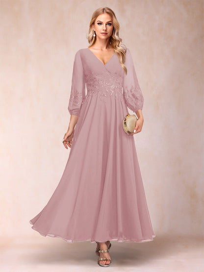 Robe de Mère de la Mariée Coupe A-Line/Princesse Longueur Cheville Manches 3/4 Col En V