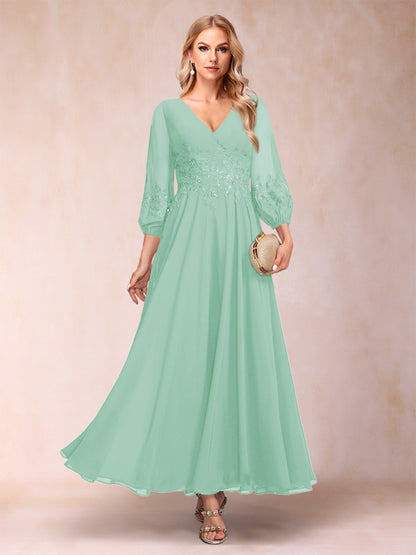 Robe de Mère de la Mariée Coupe A-Line/Princesse Longueur Cheville Manches 3/4 Col En V