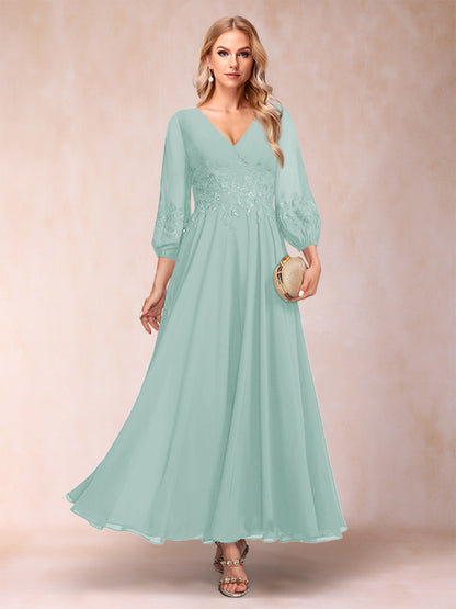 Robe de Mère de la Mariée Coupe A-Line/Princesse Longueur Cheville Manches 3/4 Col En V
