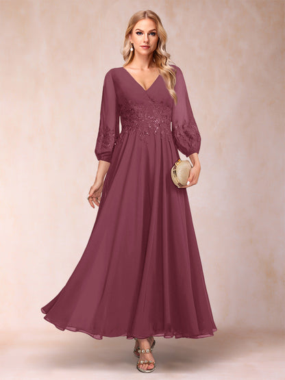 Robe de Mère de la Mariée Coupe A-Line/Princesse Longueur Cheville Manches 3/4 Col En V