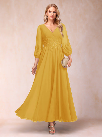 Robe de Mère de la Mariée Coupe A-Line/Princesse Longueur Cheville Manches 3/4 Col En V