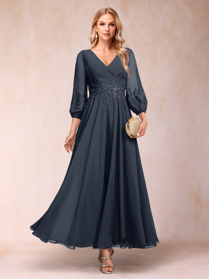 Robe de Mère de la Mariée Coupe A-Line/Princesse Longueur Cheville Manches 3/4 Col En V