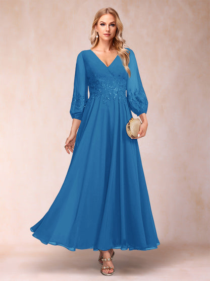 Robe de Mère de la Mariée Coupe A-Line/Princesse Longueur Cheville Manches 3/4 Col En V