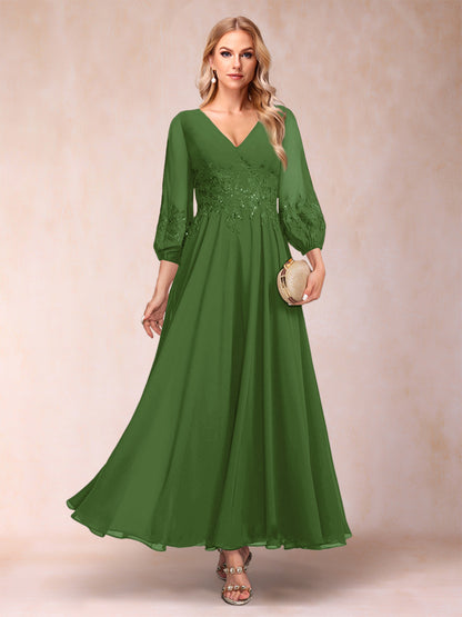 Robe de Mère de la Mariée Coupe A-Line/Princesse Longueur Cheville Manches 3/4 Col En V