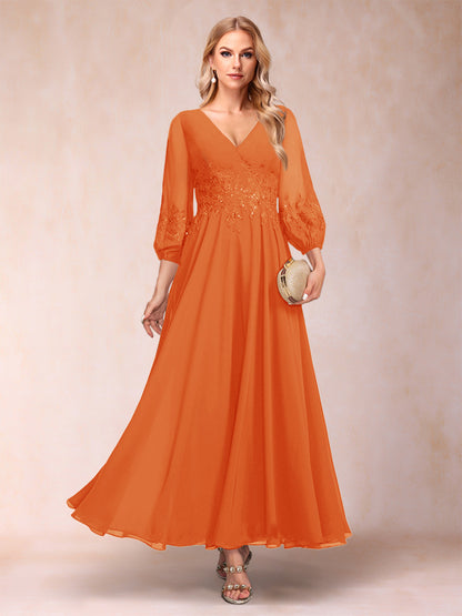 Robe de Mère de la Mariée Coupe A-Line/Princesse Longueur Cheville Manches 3/4 Col En V