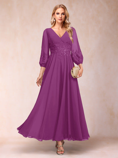 Robe de Mère de la Mariée Coupe A-Line/Princesse Longueur Cheville Manches 3/4 Col En V