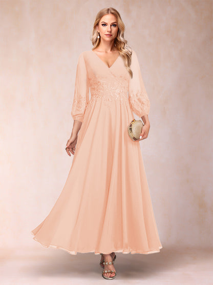 Robe de Mère de la Mariée Coupe A-Line/Princesse Longueur Cheville Manches 3/4 Col En V