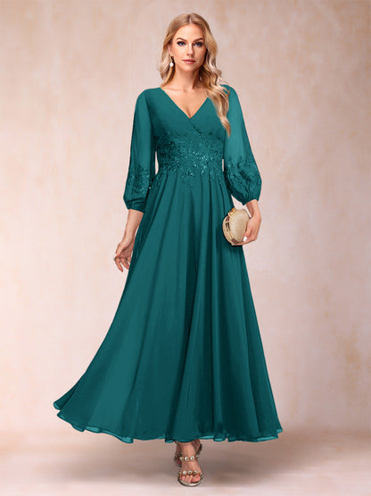 Robe de Mère de la Mariée Coupe A-Line/Princesse Longueur Cheville Manches 3/4 Col En V