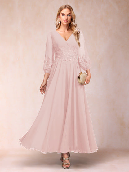 Robe de Mère de la Mariée Coupe A-Line/Princesse Longueur Cheville Manches 3/4 Col En V