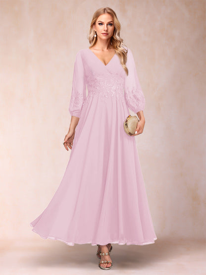 Robe de Mère de la Mariée Coupe A-Line/Princesse Longueur Cheville Manches 3/4 Col En V