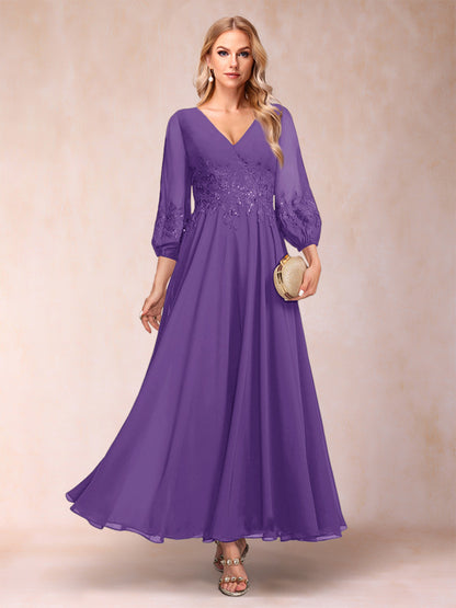 Robe de Mère de la Mariée Coupe A-Line/Princesse Longueur Cheville Manches 3/4 Col En V