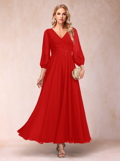 Robe de Mère de la Mariée Coupe A-Line/Princesse Longueur Cheville Manches 3/4 Col En V