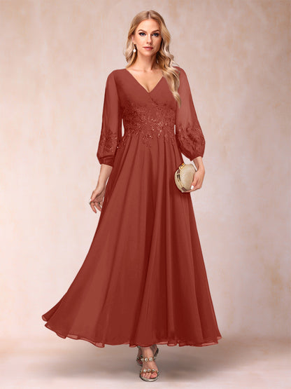 Robe de Mère de la Mariée Coupe A-Line/Princesse Longueur Cheville Manches 3/4 Col En V