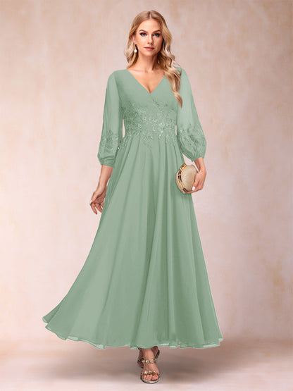 Robe de Mère de la Mariée Coupe A-Line/Princesse Longueur Cheville Manches 3/4 Col En V