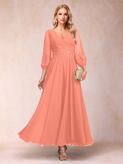 Robe de Mère de la Mariée Coupe A-Line/Princesse Longueur Cheville Manches 3/4 Col En V