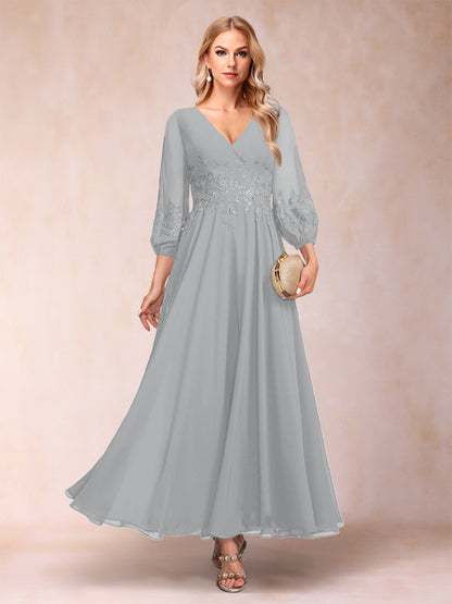 Robe de Mère de la Mariée Coupe A-Line/Princesse Longueur Cheville Manches 3/4 Col En V
