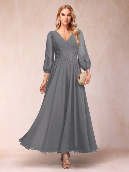 Robe de Mère de la Mariée Coupe A-Line/Princesse Longueur Cheville Manches 3/4 Col En V