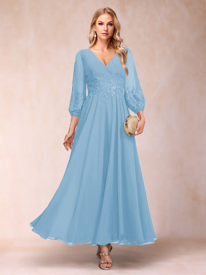 Robe de Mère de la Mariée Coupe A-Line/Princesse Longueur Cheville Manches 3/4 Col En V