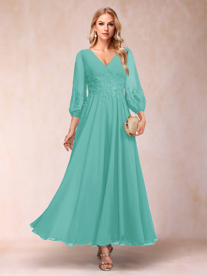 Robe de Mère de la Mariée Coupe A-Line/Princesse Longueur Cheville Manches 3/4 Col En V