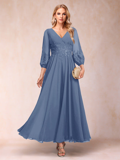 Robe de Mère de la Mariée Coupe A-Line/Princesse Longueur Cheville Manches 3/4 Col En V
