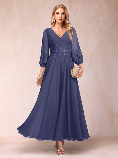 Robe de Mère de la Mariée Coupe A-Line/Princesse Longueur Cheville Manches 3/4 Col En V