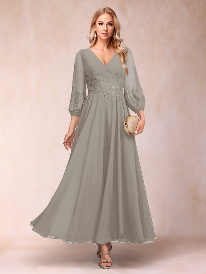 Robe de Mère de la Mariée Coupe A-Line/Princesse Longueur Cheville Manches 3/4 Col En V