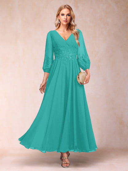 Robe de Mère de la Mariée Coupe A-Line/Princesse Longueur Cheville Manches 3/4 Col En V