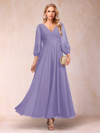 Robe de Mère de la Mariée Coupe A-Line/Princesse Longueur Cheville Manches 3/4 Col En V
