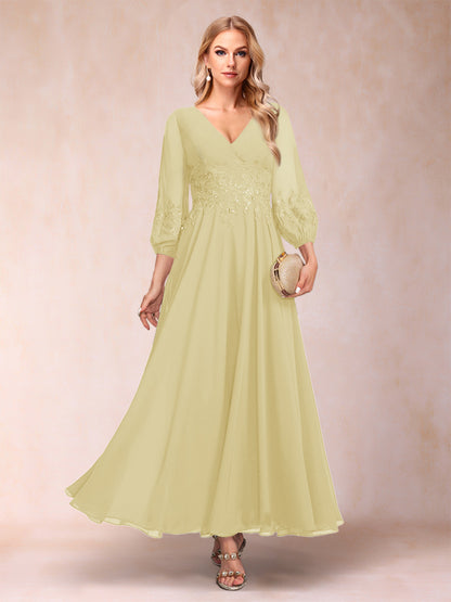 Robe de Mère de la Mariée Coupe A-Line/Princesse Longueur Cheville Manches 3/4 Col En V