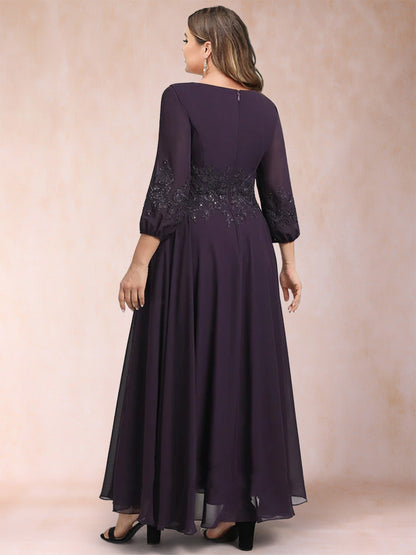 Robe de Mère de la Mariée Grande Taille, Coupe Trapèze/Princesse, Longueur Cheville, Manches 3/4, Col en V