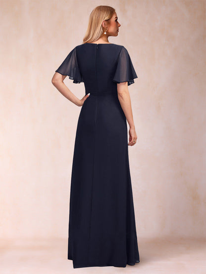 Robe de Mère de la Mariée Coupe A-Line/Princess Longueur Au Sol Manches Courtes Col En V