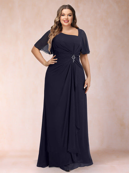 Robe de Mère de la Mariée Grande Taille, Coupe Trapèze/Princesse, Longueur au Sol, Manches Courtes, Col en V