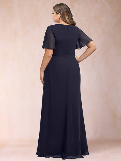 Robe de Mère de la Mariée Grande Taille, Coupe Trapèze/Princesse, Longueur au Sol, Manches Courtes, Col en V