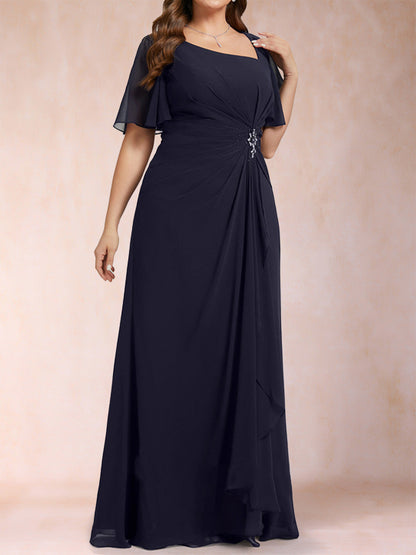 Robe de Mère de la Mariée Grande Taille, Coupe Trapèze/Princesse, Longueur au Sol, Manches Courtes, Col en V