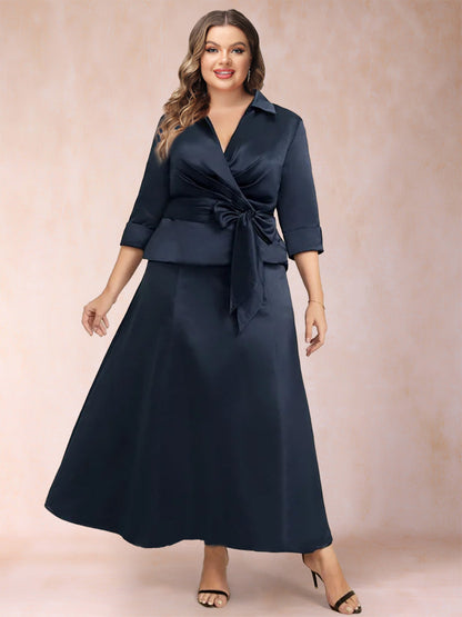 Robe Mère de la Mariée Grande Taille, Coupe A-Line/Princesse, Décolleté en V, Deux Pièces avec Plis à Nœud