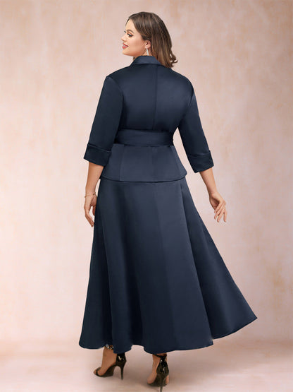 Robe Mère de la Mariée Grande Taille, Coupe A-Line/Princesse, Décolleté en V, Deux Pièces avec Plis à Nœud