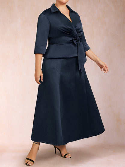 Robe Mère de la Mariée Grande Taille, Coupe A-Line/Princesse, Décolleté en V, Deux Pièces avec Plis à Nœud