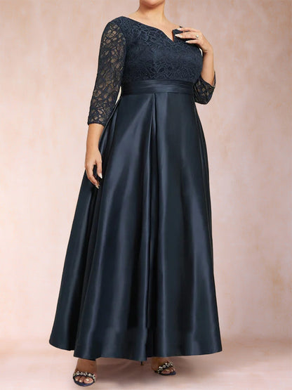 Robe Mère de la Mariée Grande Taille, Coupe A-Line/Princesse, Col en V, en Dentelle et Strass