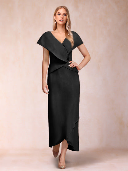 Robe de Mère de la Mariée Asymétrique En Mousseline de Soie à Col En V et Gaine/Colonne avec Paillettes Perlées